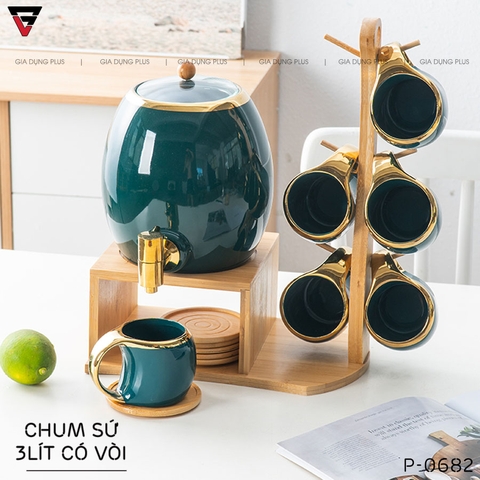 Bộ Chum Đựng Nước Sứ Có Vòi 3 Lít Kèm Kệ Gỗ & 6 Cốc Sứ Màu Trắng Cao Cấp - Gia dụng Plus