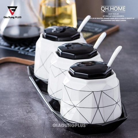 Bộ Hộp Đựng Gia Vị Sứ Cao Cấp & Sang Trọng Cho Nhà Bếp | Thiết Kế Hình Kim Cương, Phong Cách Bắc Âu - QianHuiju - Gia dụng Plus