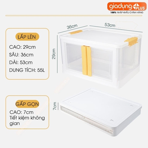 Thùng đựng đồ đa năng LAZYDO gấp gọn & thiết kế cửa hông lấy đồ dễ dàng tiện lợi (có nắp đậy kín & bánh xe) 55 lít
