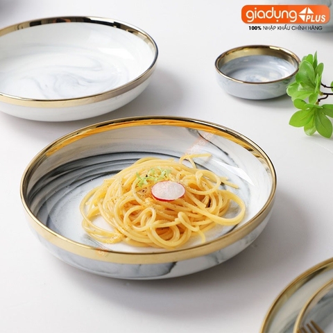 🔴OUTLET | Chén chấm, chán ăn cơm, tô bát & đĩa sứ màu trắng vân đá viền vàng sang trọng phong cách Bắc Âu