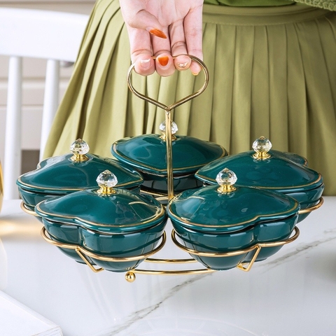 Giỏ đựng mứt Tết | Khay đựng bánh kẹo Tết bằng sứ trái tim ngôi sao cao cấp - màu xanh lục bảo viền vàng sang trọng