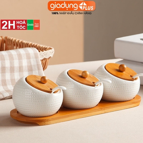 Bộ Hũ Đựng Gia Vị Nghiêng 20 Độ Nắp Gỗ | Hũ Gia Vị Kèm Khay Gỗ Tre & Thìa Sứ Phong Cách Nhật Bản