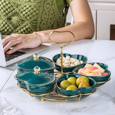 Giỏ đựng mứt Tết | Khay đựng bánh kẹo Tết bằng sứ trái tim ngôi sao cao cấp - màu xanh lục bảo viền vàng sang trọng