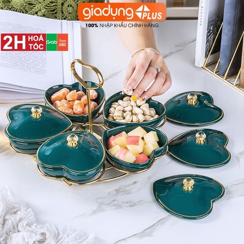 Giỏ đựng mứt Tết | Khay đựng bánh kẹo Tết bằng sứ trái tim ngôi sao cao cấp - màu xanh lục bảo viền vàng sang trọng