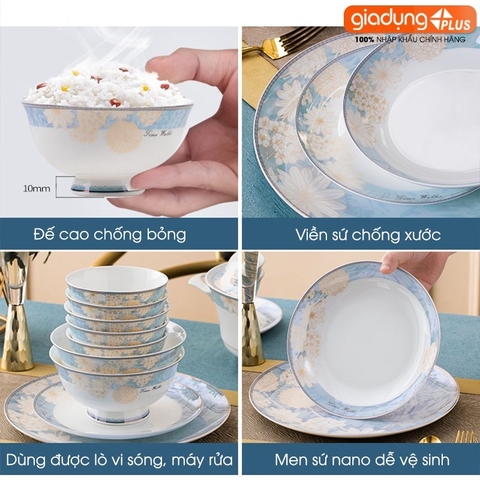 🔴OUTLET | Bộ chén bát sứ TAM HOA (Three Flowers) cao cấp nhập khẩu - Set 10 người ăn gồm chén, bát, đĩa, tô, nồi, muỗng,