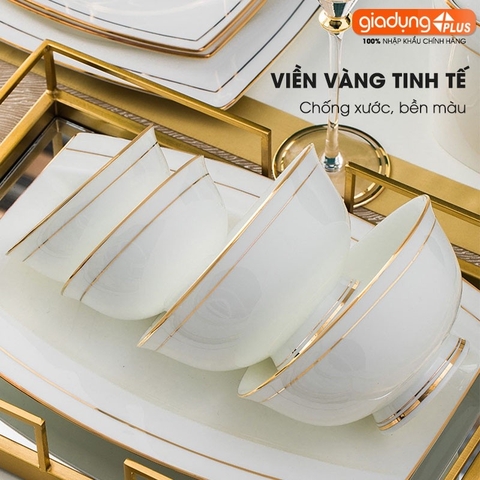🔴OUTLET | Bộ chén bát sứ WHITE LUXURY viền vàng cao cấp nhập khẩu