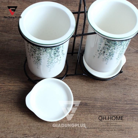 Bộ Ống Đựng Muỗng Đũa Sứ Đặt Bàn (Màu Trắng) | Nhiều Hoạ Tiết Trang Trí Khác Nhau | Qianhuiju - Gia dụng Plus