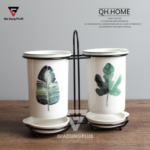 Bộ Ống Đựng Muỗng Đũa Sứ Đặt Bàn (Màu Trắng) | Nhiều Hoạ Tiết Trang Trí Khác Nhau | Qianhuiju - Gia dụng Plus