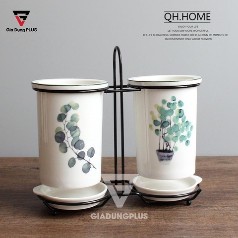 Bộ Ống Đựng Muỗng Đũa Sứ Đặt Bàn (Màu Trắng) | Nhiều Hoạ Tiết Trang Trí Khác Nhau | Qianhuiju - Gia dụng Plus
