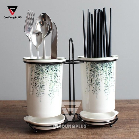 Bộ Ống Đựng Muỗng Đũa Sứ Đặt Bàn (Màu Trắng) | Nhiều Hoạ Tiết Trang Trí Khác Nhau | Qianhuiju - Gia dụng Plus