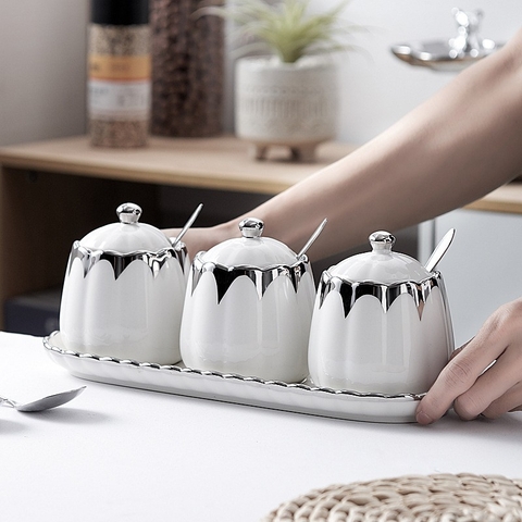 🔴OUTLET | Bộ hũ đựng gia vị gốm sứ (kèm khay sứ) sang trọng phong cách Bắc Âu