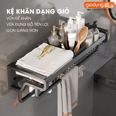 Giá Treo Khăn Phòng Tắm Tích Hợp Giỏ Đựng Đồ Nhôm Dính Tường Chắc Chắn Cao Cấp LAZYDO (LZ-0732)