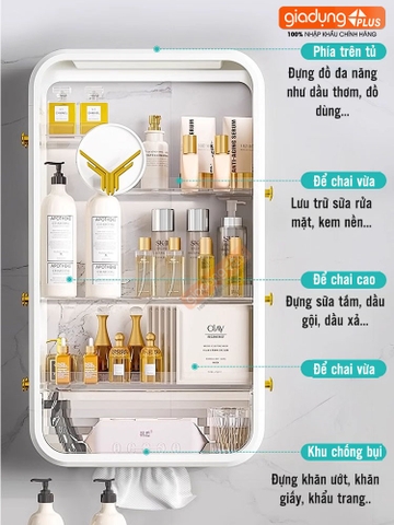 Tủ mỹ phẩm dán tường cho phòng tắm cao cấp, kệ đựng mỹ phẩm kèm móc treo tiện lợi PHALEDO (P-0546)
