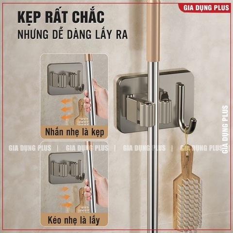 Móc treo cây lau nhà, kẹp chổi dán tường inox 304 đa năng, chống gỉ - miễn phí keo dán chịu lực 20kg
