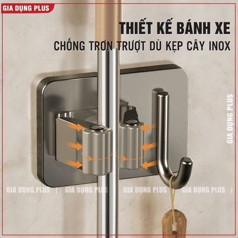 Kẹp giữ chổi, cây lau nhà dán tường 2in1 kèm móc treo bằng inox 304 chống gỉ, siêu chắc và chịu lực