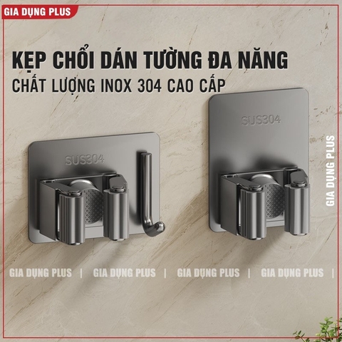 Kẹp giữ chổi, cây lau nhà dán tường 2in1 kèm móc treo bằng inox 304 chống gỉ, siêu chắc và chịu lực