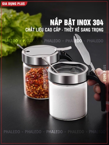 Lọ đựng gia vị thuỷ tinh boroslicate nắp bật bằng Inox 304 cao cấp (+tặng kèm thìa inox 304) PHALEDO