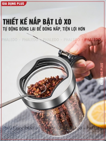 Lọ đựng gia vị thuỷ tinh boroslicate nắp bật bằng Inox 304 cao cấp (+tặng kèm thìa inox 304) PHALEDO