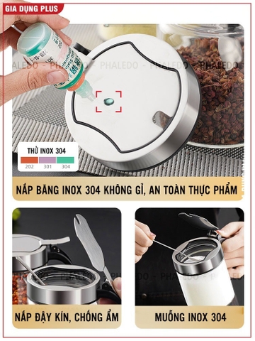 Lọ đựng gia vị thuỷ tinh boroslicate nắp bật bằng Inox 304 cao cấp (+tặng kèm thìa inox 304) PHALEDO