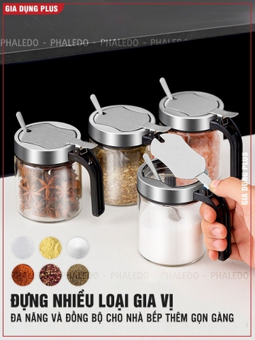 Lọ đựng gia vị thuỷ tinh boroslicate nắp bật bằng Inox 304 cao cấp (+tặng kèm thìa inox 304) PHALEDO