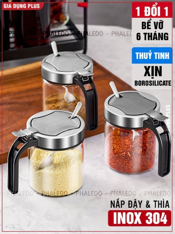 Lọ đựng gia vị thuỷ tinh boroslicate nắp bật bằng Inox 304 cao cấp (+tặng kèm thìa inox 304) PHALEDO