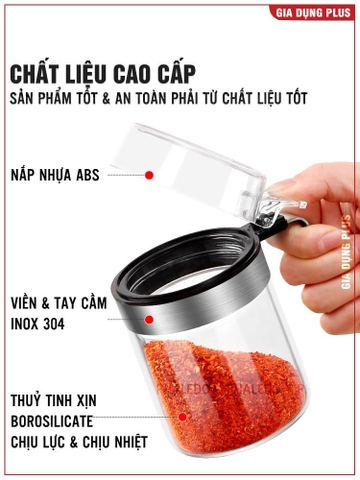 Lọ đựng gia vị thuỷ tinh chịu nhiệt, chịu lực cao cấp - tay cầm và viền inox 304 nắp bật PHALEDO