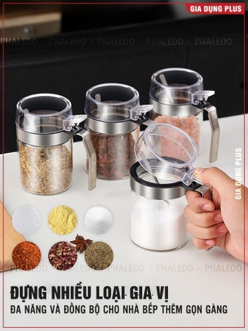 Lọ đựng gia vị thuỷ tinh chịu nhiệt, chịu lực cao cấp - tay cầm và viền inox 304 nắp bật PHALEDO