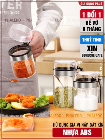 Lọ đựng gia vị thuỷ tinh chịu nhiệt, chịu lực cao cấp - tay cầm và viền inox 304 nắp bật PHALEDO