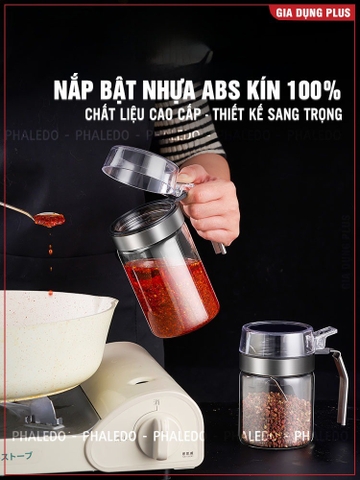 Lọ đựng gia vị thuỷ tinh chịu nhiệt, chịu lực cao cấp - tay cầm và viền inox 304 nắp bật PHALEDO