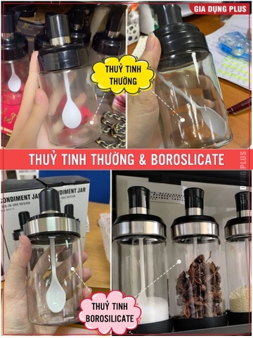 Lọ đựng gia vị thuỷ tinh borosilicate muỗng liền nắp thông minh viền inox 304, 220ml & 350ml PHALEDO