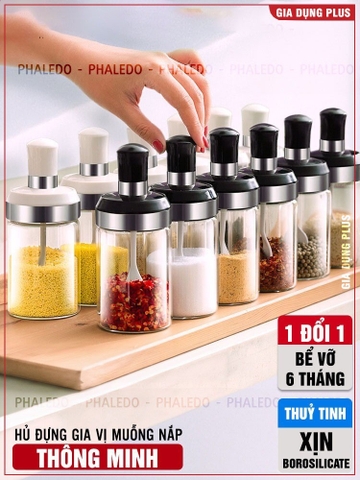 Lọ đựng gia vị thuỷ tinh borosilicate muỗng liền nắp thông minh viền inox 304, 220ml & 350ml PHALEDO