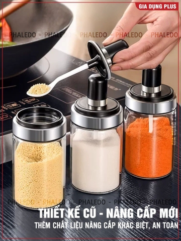 Lọ đựng gia vị thuỷ tinh borosilicate muỗng liền nắp thông minh viền inox 304, 220ml & 350ml PHALEDO