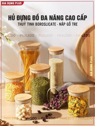 Hũ Thuỷ Tinh Nắp Gỗ Tre, Lọ Thuỷ Tinh Nắp Gỗ Borosilicate Chịu Nhiệt, Không Chứa Chì Cao Cấp PHALEDO