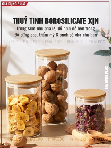 Hũ Thuỷ Tinh Nắp Gỗ Tre, Lọ Thuỷ Tinh Nắp Gỗ Borosilicate Chịu Nhiệt, Không Chứa Chì Cao Cấp PHALEDO