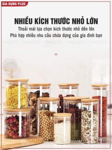 Hũ Thuỷ Tinh Nắp Gỗ Tre, Lọ Thuỷ Tinh Nắp Gỗ Borosilicate Chịu Nhiệt, Không Chứa Chì Cao Cấp PHALEDO