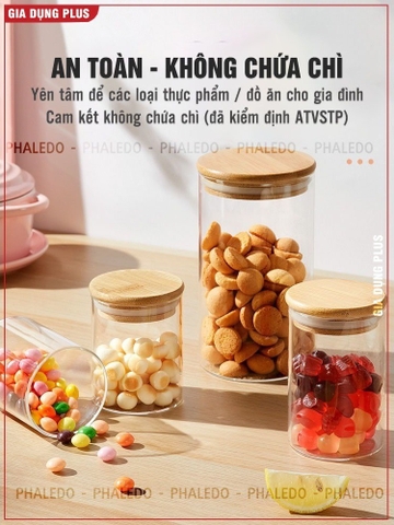 Hũ Thuỷ Tinh Nắp Gỗ Tre, Lọ Thuỷ Tinh Nắp Gỗ Borosilicate Chịu Nhiệt, Không Chứa Chì Cao Cấp PHALEDO