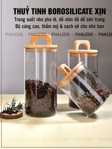 Lọ Thuỷ Tinh Nắp Kín Có Tay Cầm, Lọ Thuỷ Tinh Nắp Gỗ Borosilicate Chịu Nhiệt, Không Chứa Chì Cao Cấp PHALEDO (P-0361)