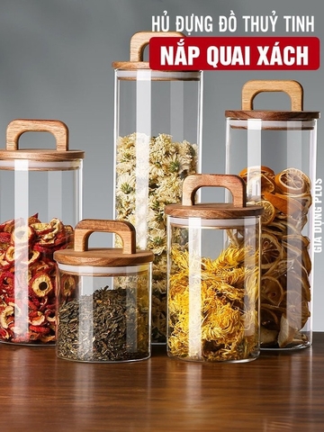 Lọ Thuỷ Tinh Nắp Kín Có Tay Cầm, Lọ Thuỷ Tinh Nắp Gỗ Borosilicate Chịu Nhiệt, Không Chứa Chì Cao Cấp PHALEDO (P-0361)