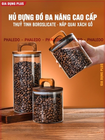 Lọ Thuỷ Tinh Nắp Kín Có Tay Cầm, Lọ Thuỷ Tinh Nắp Gỗ Borosilicate Chịu Nhiệt, Không Chứa Chì Cao Cấp PHALEDO (P-0361)