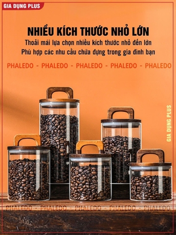 Lọ Thuỷ Tinh Nắp Kín Có Tay Cầm, Lọ Thuỷ Tinh Nắp Gỗ Borosilicate Chịu Nhiệt, Không Chứa Chì Cao Cấp PHALEDO (P-0361)