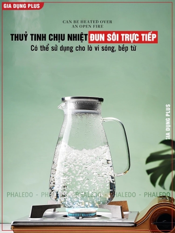 Bình Nước Thuỷ Tinh Chịu Nhiệt 2Lít Dung Tích Lớn, Borosilicate An Toàn Không Chì Cao Cấp PHALEDO