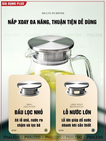 Bình Nước Thuỷ Tinh Chịu Nhiệt 2Lít Dung Tích Lớn, Borosilicate An Toàn Không Chì Cao Cấp PHALEDO