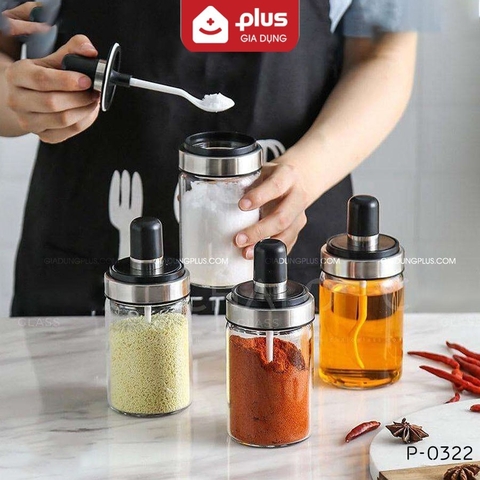 Lọ đựng gia vị thuỷ tinh borosilicate muỗng liền nắp thông minh viền inox 304, 220ml & 350ml PHALEDO