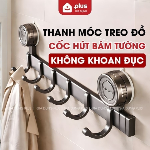 Thanh Móc Treo Đồ Cốc Hút Không Khoan Tường, Chịu Tải 30Kg, Móc Treo Đồ Dán Tường Bám Dính Chắn Chắn