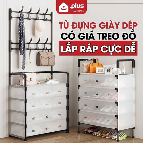 Tủ Đựng Giày Dép Lắp Ghép Có Thanh Móc Treo Đồ Tiện Lợi, Tủ Lắp Ráp Dễ Dàng, Móc Treo Nhôm Không Gỉ