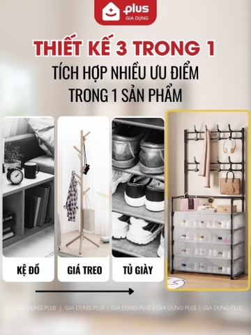 Tủ Đựng Giày Dép Lắp Ghép Có Thanh Móc Treo Đồ Tiện Lợi, Tủ Lắp Ráp Dễ Dàng, Móc Treo Nhôm Không Gỉ
