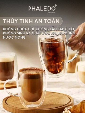 Cốc Thuỷ Tinh Borosilicate 2 Lớp Cách Nhiệt Thon Quai Có Tay Cầm Cao Cấp PHALEDO P-0924