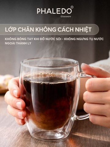 Cốc Thuỷ Tinh Borosilicate 2 Lớp Cách Nhiệt Thon Quai Có Tay Cầm Cao Cấp PHALEDO P-0924