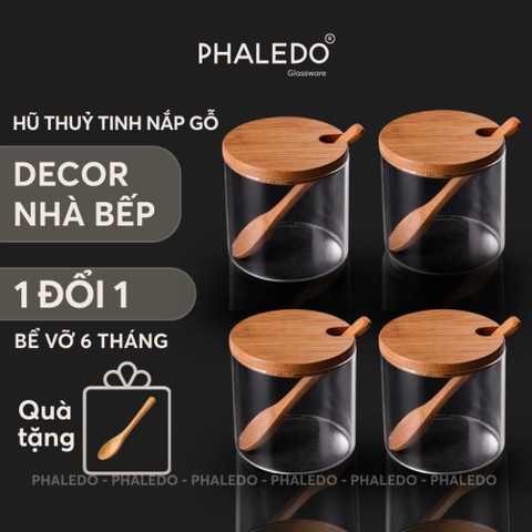 Lọ Thuỷ Tinh Có Nắp Gỗ Tre Borosilicate Kèm Muỗng Gỗ Chịu Nhiệt, Không Chứa Chì Cao Cấp PHALEDO (PL-0367)