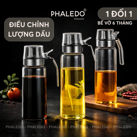 Bình đựng dầu ăn thuỷ tinh borosilicate có vòi & tay cầm inox 304, nắp đậy kín nhựa ABS đựng gia vị đa năng Phaledo